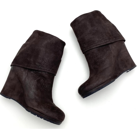 Prada Fold Over Cuffs Leather Wedge Bootie in Chocolate Brown - Picture 4 of 12